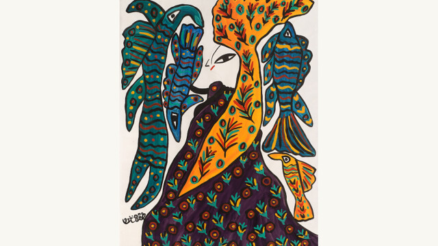 BAYA, Femme aux poissons, 1991. Gouache sur papier, 100 x 75 cm. Donation Claude & France Lemand. Musée de l’IMA BD